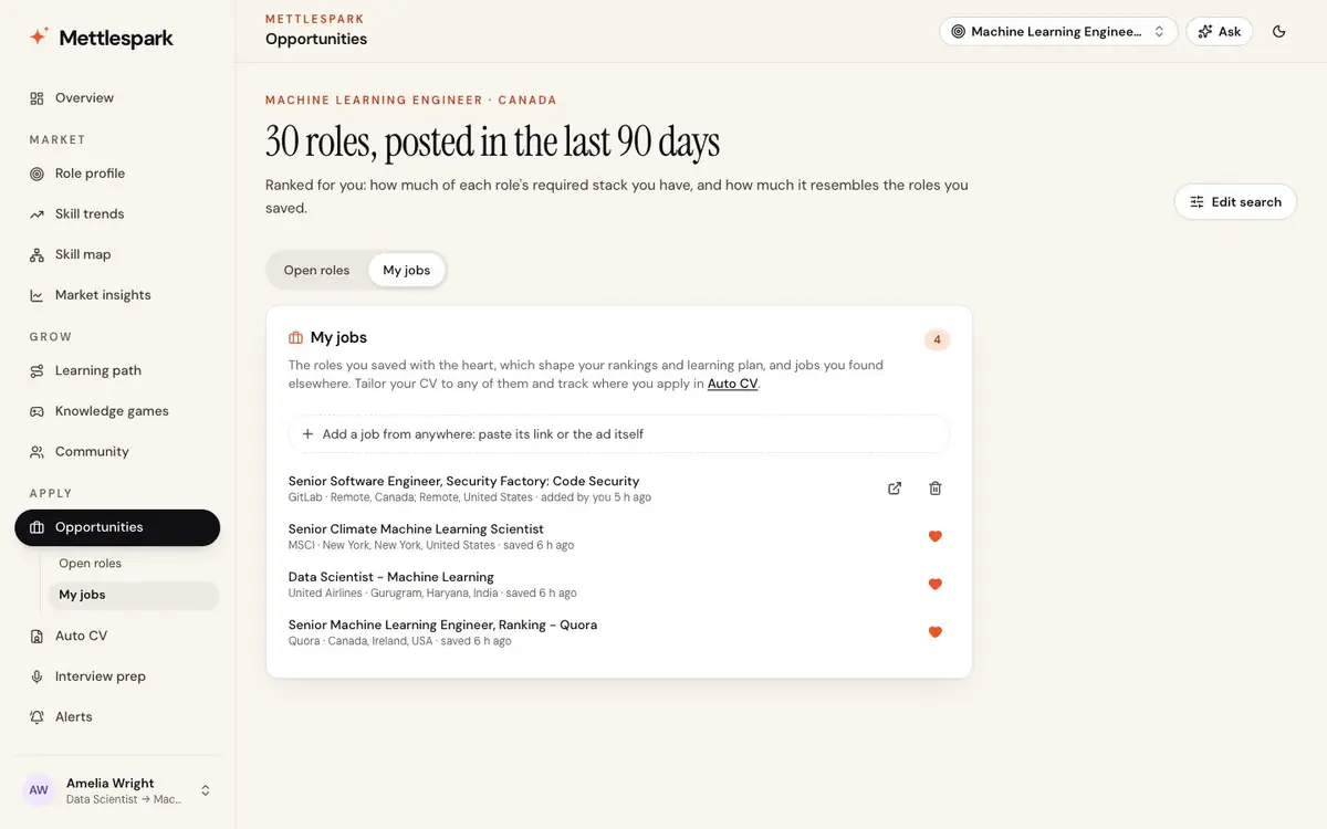 My jobs: saved roles, and jobs added from any link